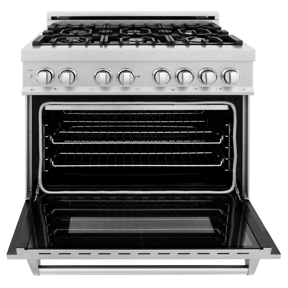 ZLINE 36 in. 4.6 cu. ft. Legacy Dual Fuel Range with 6 Burner Gas Cooktop and Electric Convection Oven in Satin Stainless Steel with Griddle (RAS-SN-GR-36) front, oven open.