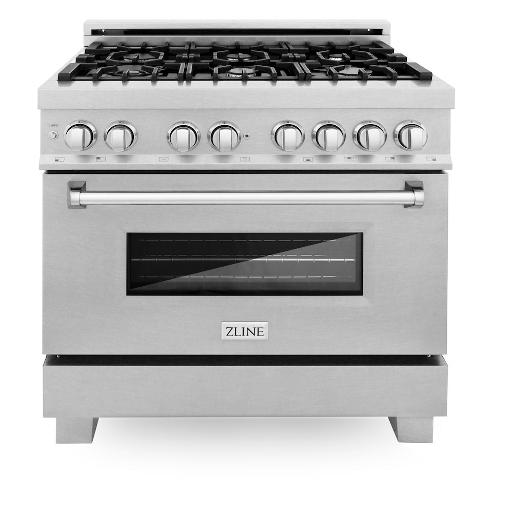 ZLINE 36 in. 4.6 cu. ft. Legacy Dual Fuel Range with 6 Burner Gas Cooktop and Electric Convection Oven in Satin Stainless Steel with Griddle (RAS-SN-GR-36) front.