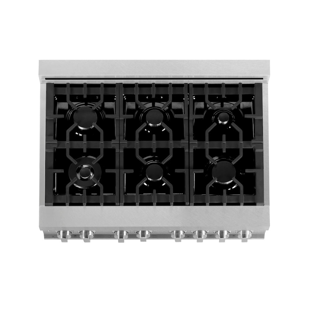 ZLINE 36 in. 4.6 cu. ft. Legacy Dual Fuel Range with 6 Burner Gas Cooktop and Electric Convection Oven in Satin Stainless Steel with Griddle (RAS-SN-GR-36) top-down, above cooktop.