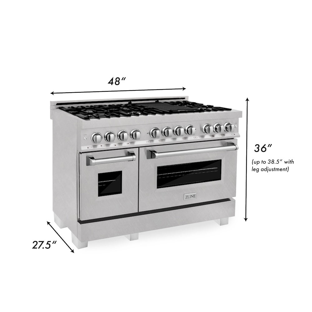 ZLINE 48 in. 6.0 cu. ft. Legacy Dual Fuel Range with 7 Burner Gas Cooktop and 2 Electric Ovens in Satin Stainless Steel with Griddle (RAS-SN-GR-48) dimensional diagram.