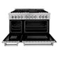 ZLINE 48 in. 6.0 cu. ft. Legacy Dual Fuel Range with 7 Burner Gas Cooktop and 2 Electric Ovens in Satin Stainless Steel with Griddle (RAS-SN-GR-48) front, oven open.