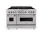 ZLINE 48 in. 6.0 cu. ft. Legacy Dual Fuel Range with 7 Burner Gas Cooktop and 2 Electric Ovens in Satin Stainless Steel with Griddle (RAS-SN-GR-48) front.