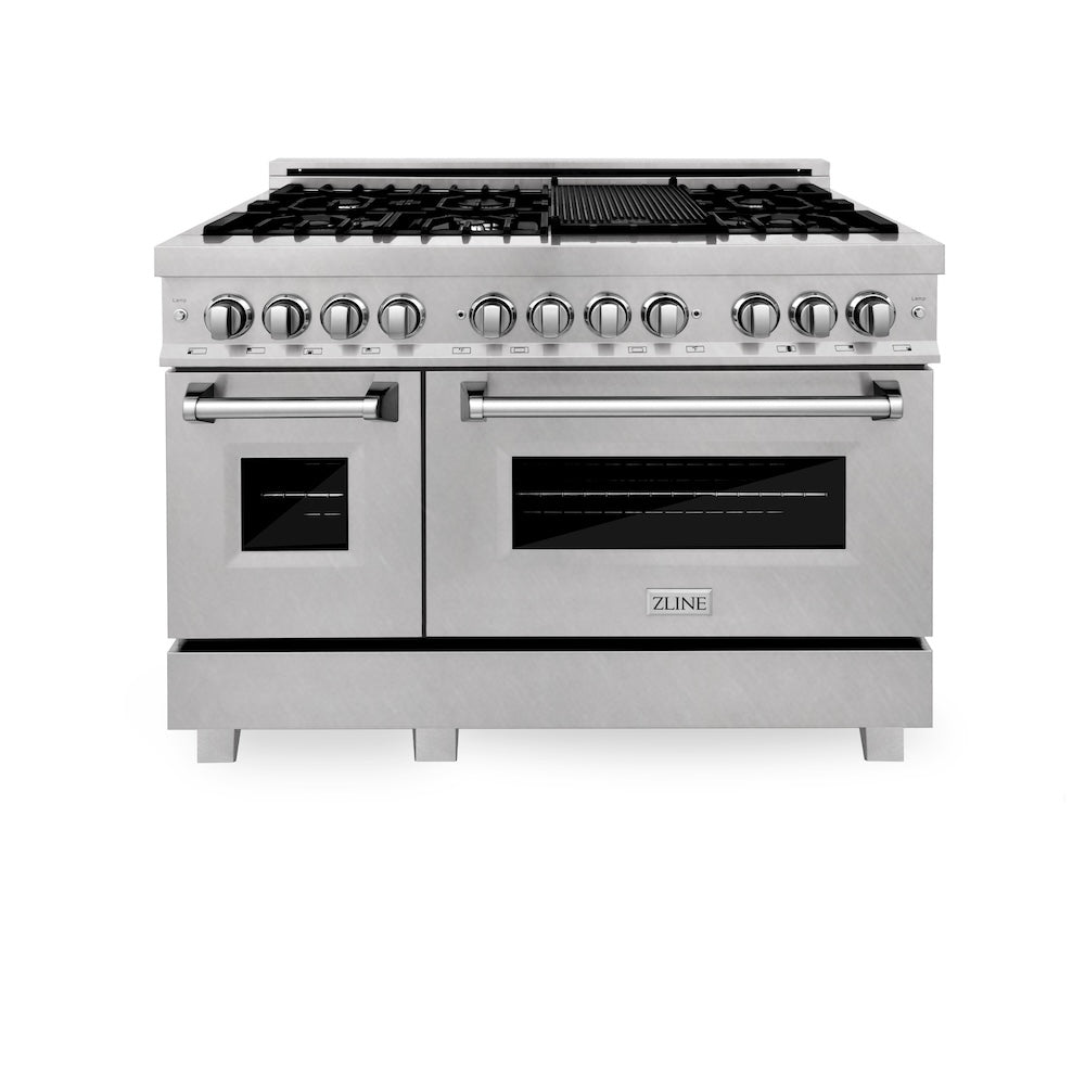 ZLINE 48 in. 6.0 cu. ft. Legacy Dual Fuel Range with 7 Burner Gas Cooktop and 2 Electric Ovens in Satin Stainless Steel with Griddle (RAS-SN-GR-48) front.
