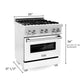 ZLINE 30 in. 4.0 cu. ft. Legacy Dual Fuel Range with 4 Burner Gas Cooktop and Electric Convection Oven in Satin Stainless Steel with White Matte Door and Griddle (RAS-WM-GR-30) dimensional diagram.