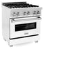ZLINE 30 in. 4.0 cu. ft. Legacy Dual Fuel Range with 4 Burner Gas Cooktop and Electric Convection Oven in Satin Stainless Steel with White Matte Door and Griddle (RAS-WM-GR-30) side.