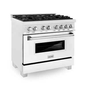 ZLINE 36 in. 4.6 cu. ft. Legacy Dual Fuel Range with 6 Burner Gas Cooktop and Electric Convection Oven in Satin Stainless Steel with White Matte Door and Griddle (RAS-WM-GR-36) main image.