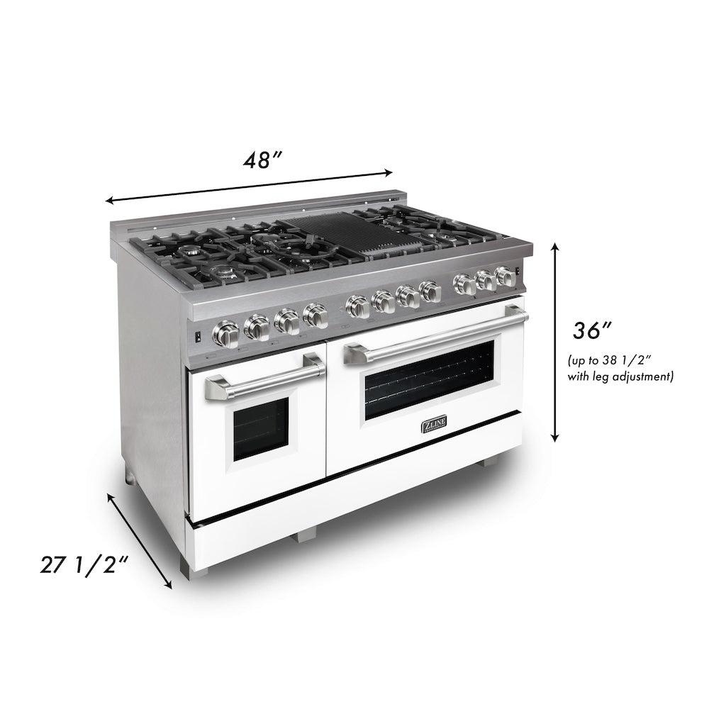 ZLINE 48 in. 6.0 cu. ft. Legacy Dual Fuel Range with 7 Burner Gas Cooktop and 2 Electric Ovens in Satin Stainless Steel with White Matte Doors and Griddle (RAS-WM-GR-48) dimensional diagram.
