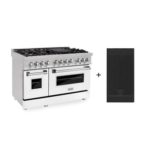 ZLINE 48 in. 6.0 cu. ft. Legacy Dual Fuel Range with 7 Burner Gas Cooktop and 2 Electric Ovens in Satin Stainless Steel with White Matte Doors and Griddle (RAS-WM-GR-48) main image.