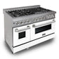 ZLINE 48 in. 6.0 cu. ft. Legacy Dual Fuel Range with 7 Burner Gas Cooktop and 2 Electric Ovens in Satin Stainless Steel with White Matte Doors and Griddle (RAS-WM-GR-48) side.
