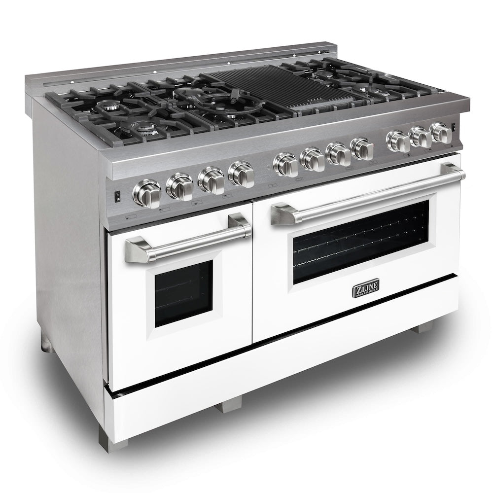 ZLINE 48 in. 6.0 cu. ft. Legacy Dual Fuel Range with 7 Burner Gas Cooktop and 2 Electric Ovens in Satin Stainless Steel with White Matte Doors and Griddle (RAS-WM-GR-48) side.
