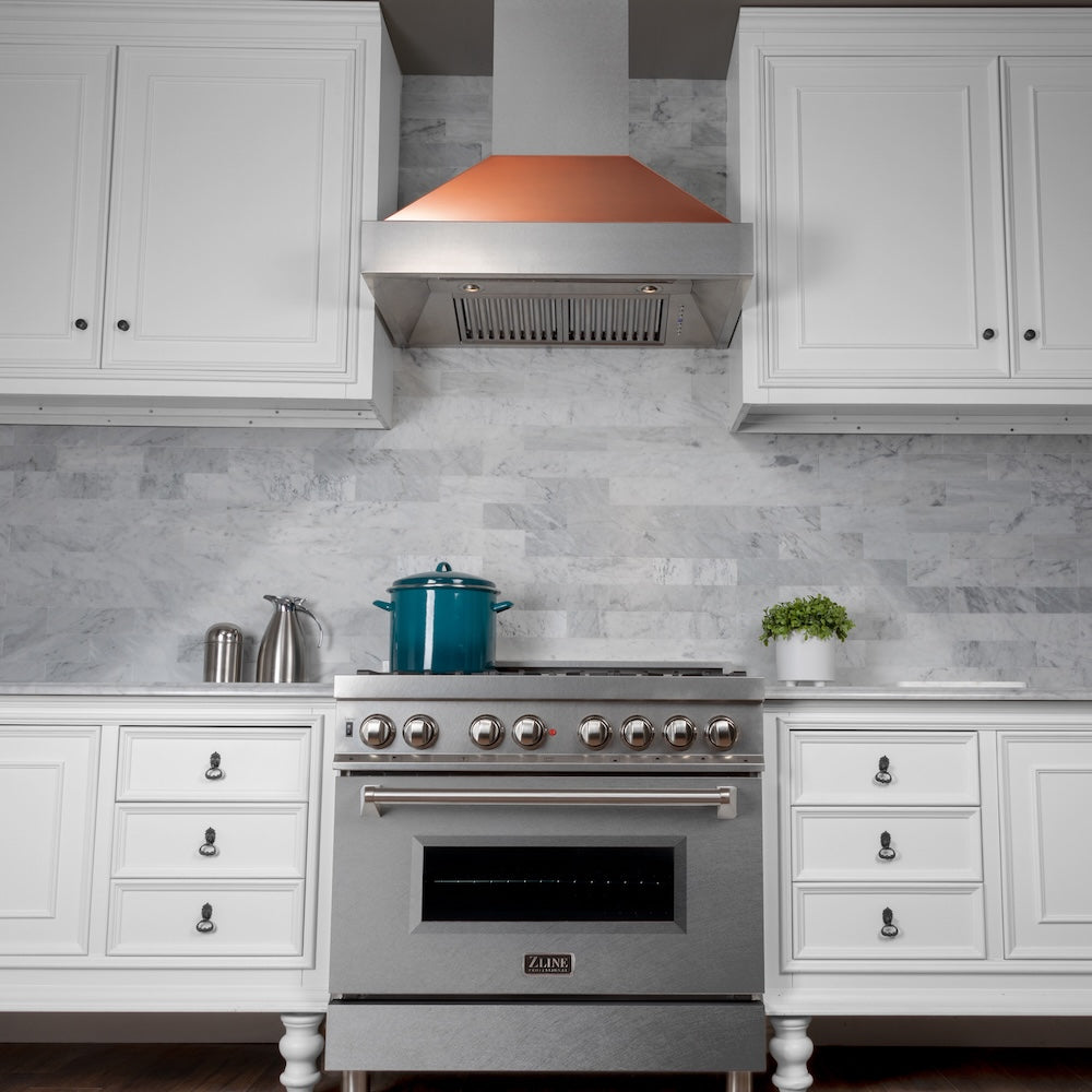 ZLINE Ducted Satin Stainless Steel Wall Mount Range Hood with Copper Shell and Size Options (8654C)