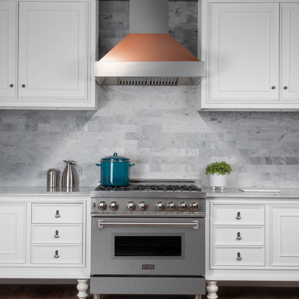 ZLINE Ducted Satin Stainless Steel Wall Mount Range Hood with Copper Shell and Size Options (8654C)