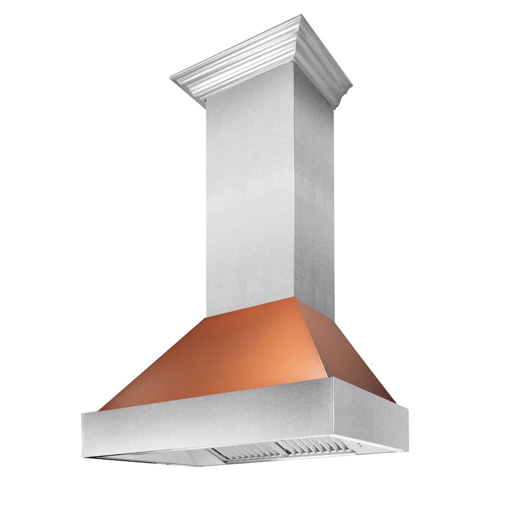 ZLINE Ducted Satin Stainless Steel Wall Mount Range Hood with Copper Shell and Size Options (8654C) main image.