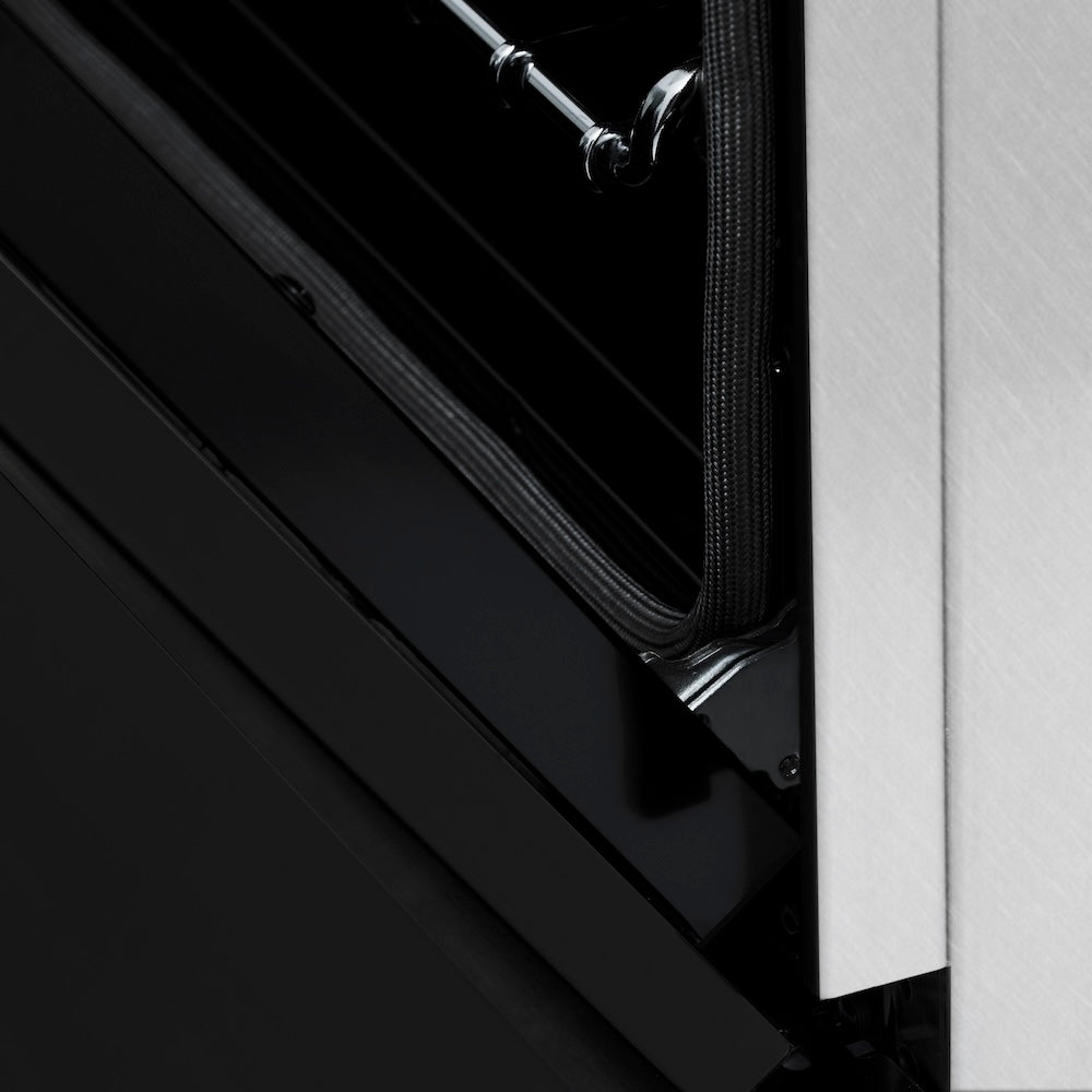 ZLINE 24 in. 2.8 cu. ft. Legacy Dual Fuel Range with 4 Burner Gas Cooktop and Electric Convection Oven in Satin Stainless Steel and Black Matte Door (RAS-BLM-24) StayPut oven door hinge.
