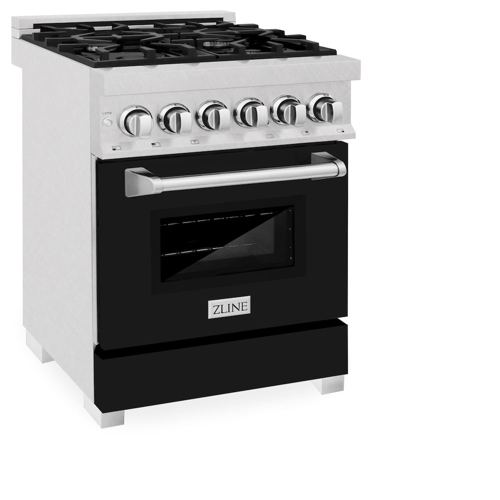 ZLINE 24 in. 2.8 cu. ft. Legacy Dual Fuel Range with 4 Burner Gas Cooktop and Electric Convection Oven in Satin Stainless Steel and Black Matte Door (RAS-BLM-24) side.