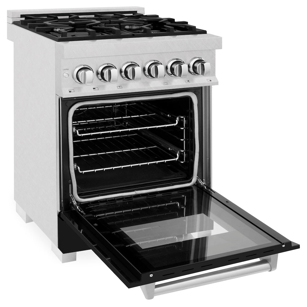 ZLINE 24 in. 2.8 cu. ft. Legacy Dual Fuel Range with 4 Burner Gas Cooktop and Electric Convection Oven in Satin Stainless Steel and Black Matte Door (RAS-BLM-24) side, oven open.
