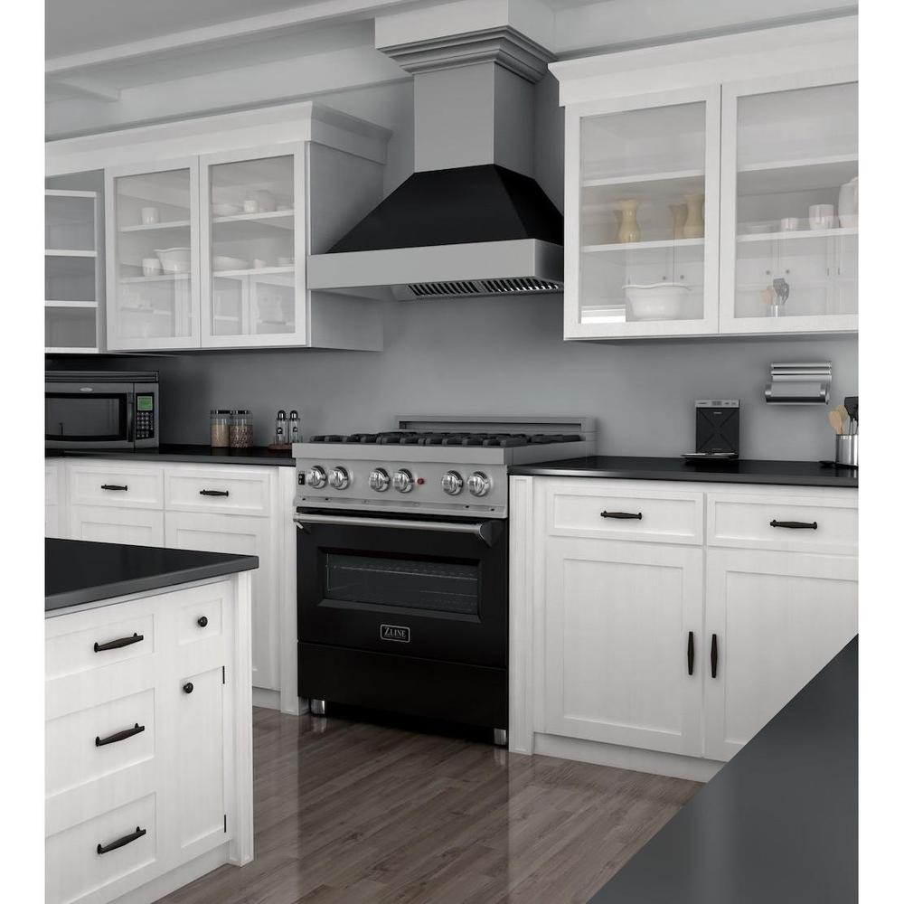 ZLINE 30 in. 4.0 cu. ft. Legacy Dual Fuel Range with 4 Burner Gas Cooktop and Electric Convection Oven in Satin Stainless Steel and Black Matte Door (RAS-BLM-30)