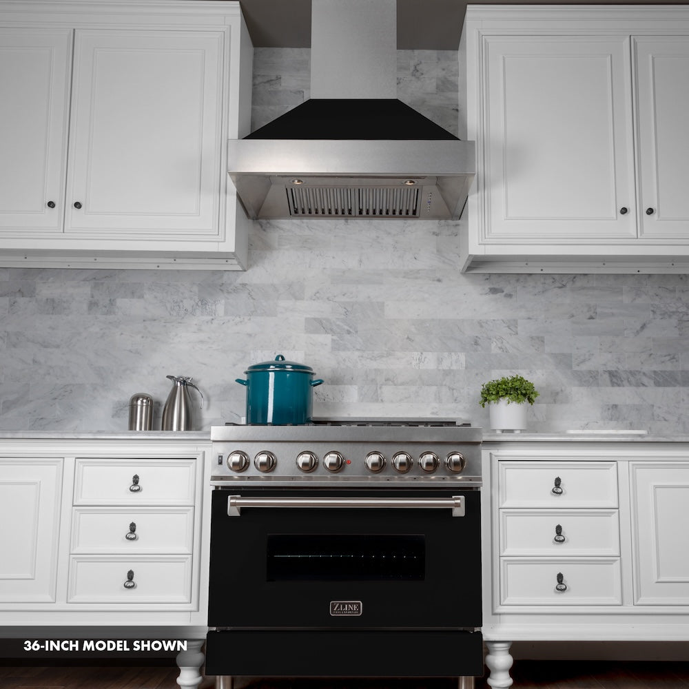 ZLINE 30 in. 4.0 cu. ft. Legacy Dual Fuel Range with 4 Burner Gas Cooktop and Electric Convection Oven in Satin Stainless Steel and Black Matte Door (RAS-BLM-30) front.