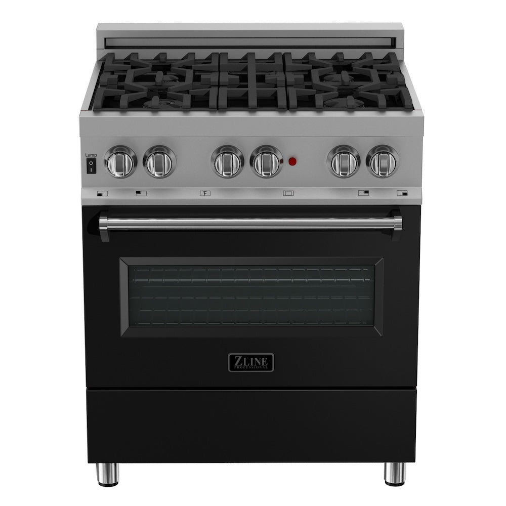 ZLINE 30 in. 4.0 cu. ft. Legacy Dual Fuel Range with 4 Burner Gas Cooktop and Electric Convection Oven in Satin Stainless Steel and Black Matte Door (RAS-BLM-30) front.