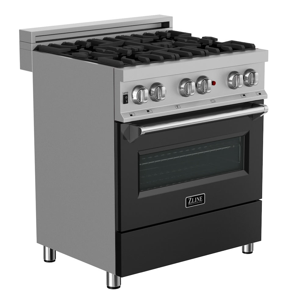 ZLINE 30 in. 4.0 cu. ft. Legacy Dual Fuel Range with 4 Burner Gas Cooktop and Electric Convection Oven in Satin Stainless Steel and Black Matte Door (RAS-BLM-30)