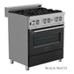 ZLINE 30 in. 4.0 cu. ft. Legacy Dual Fuel Range with 4 Burner Gas Cooktop and Electric Convection Oven in Satin Stainless Steel and Black Matte Door (RAS-BLM-30) side.