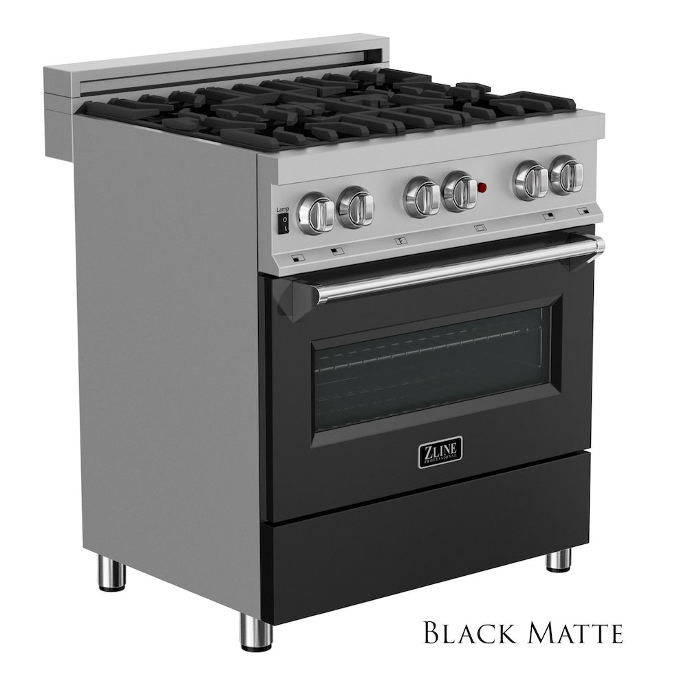 ZLINE 30 in. 4.0 cu. ft. Legacy Dual Fuel Range with 4 Burner Gas Cooktop and Electric Convection Oven in Satin Stainless Steel and Black Matte Door (RAS-BLM-30) side.