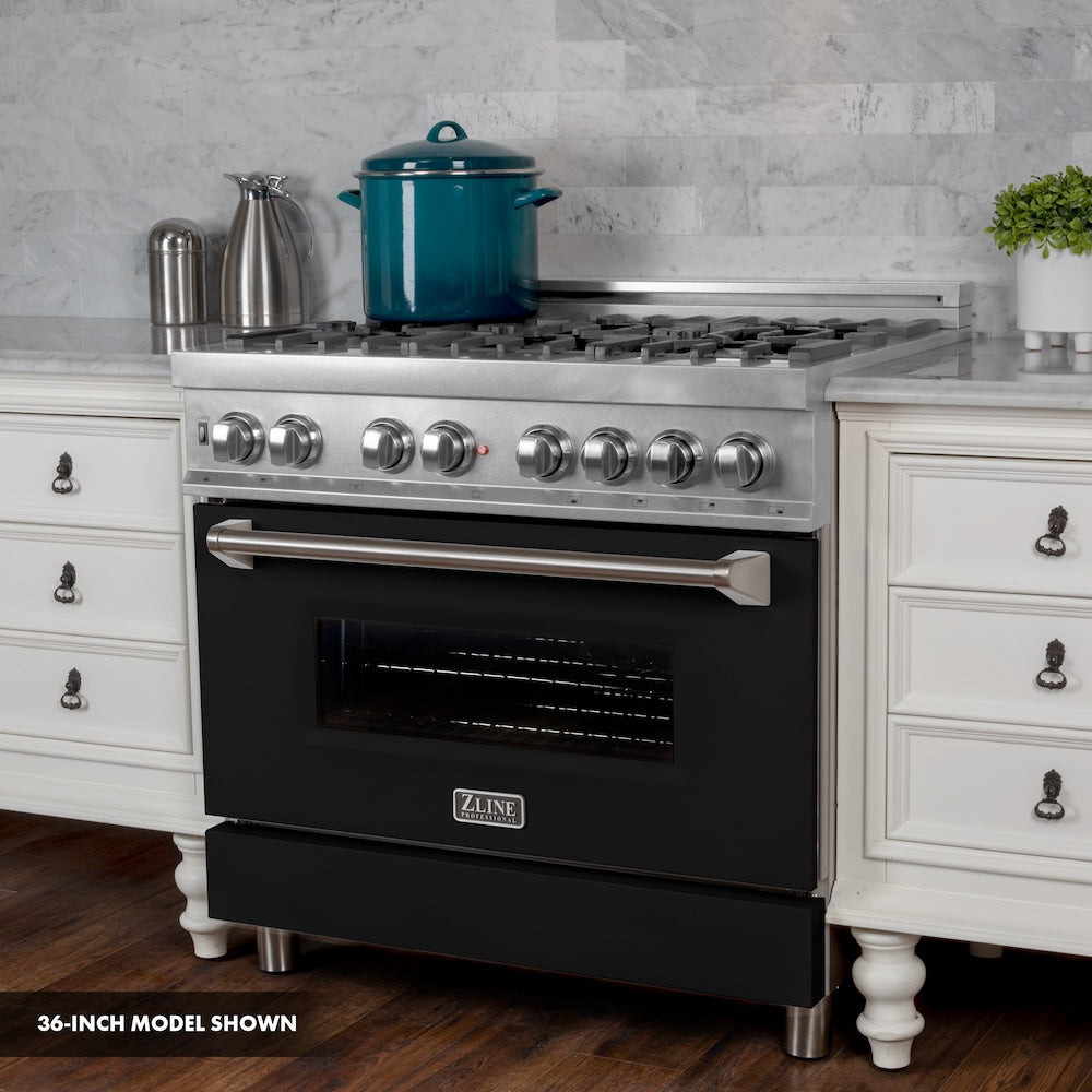 ZLINE 30 in. 4.0 cu. ft. Legacy Dual Fuel Range with 4 Burner Gas Cooktop and Electric Convection Oven in Satin Stainless Steel and Black Matte Door (RAS-BLM-30)