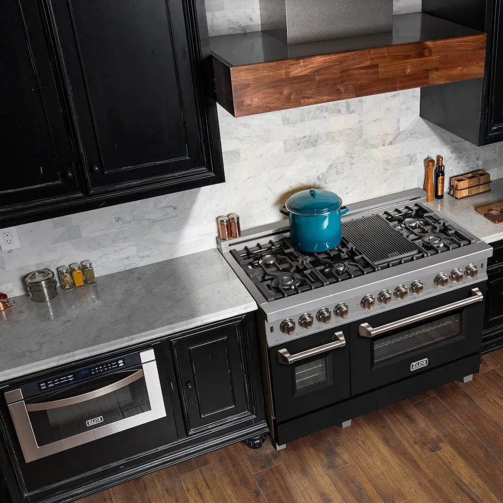 ZLINE 48 in. 6.0 cu. ft. Legacy Dual Fuel Range with 7 Burner Gas Cooktop and 2 Electric Ovens in Satin Stainless Steel and Black Matte Doors (RAS-BLM-48)