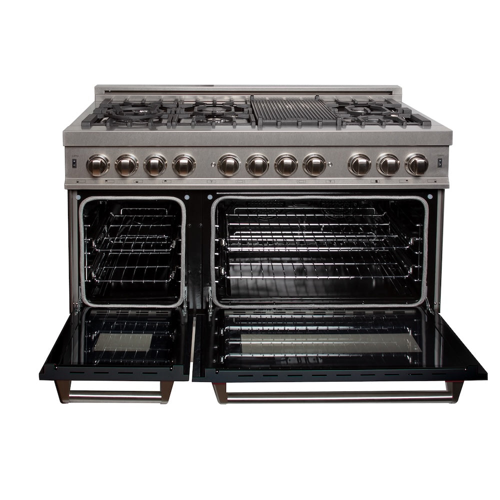 ZLINE 48 in. 6.0 cu. ft. Legacy Dual Fuel Range with 7 Burner Gas Cooktop and 2 Electric Ovens in Satin Stainless Steel and Black Matte Doors (RAS-BLM-48) front, oven open.