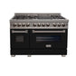 ZLINE 48 in. 6.0 cu. ft. Legacy Dual Fuel Range with 7 Burner Gas Cooktop and 2 Electric Ovens in Satin Stainless Steel and Black Matte Doors (RAS-BLM-48) front.