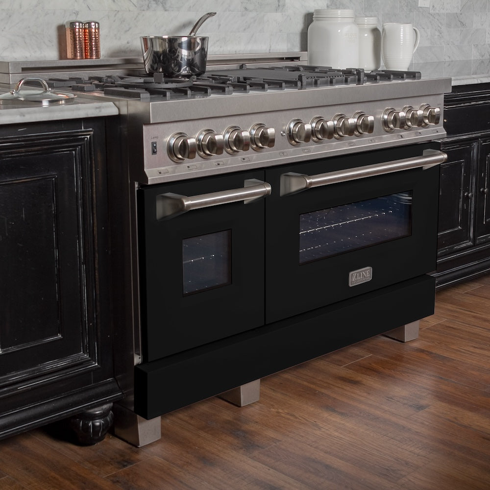 ZLINE 48 in. 6.0 cu. ft. Legacy Dual Fuel Range with 7 Burner Gas Cooktop and 2 Electric Ovens in Satin Stainless Steel and Black Matte Doors (RAS-BLM-48)