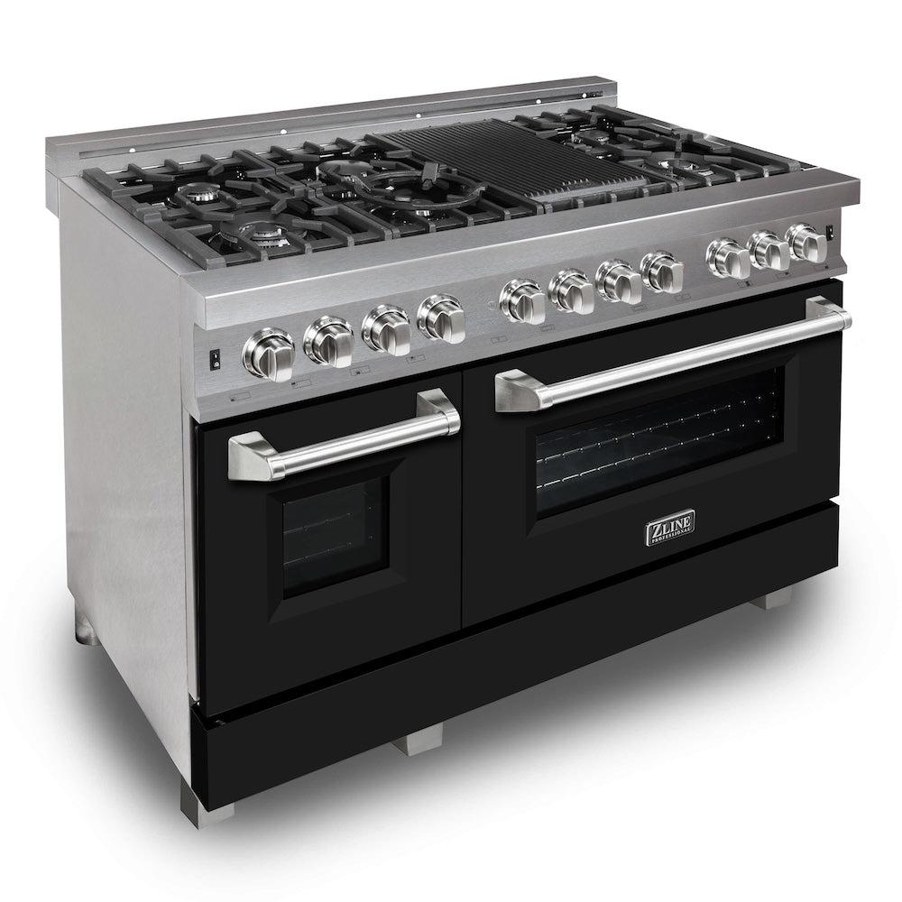 ZLINE 48 in. 6.0 cu. ft. Legacy Dual Fuel Range with 7 Burner Gas Cooktop and 2 Electric Ovens in Satin Stainless Steel and Black Matte Doors (RAS-BLM-48) main image.