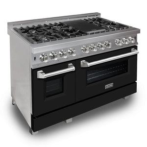 ZLINE 48 in. 6.0 cu. ft. Legacy Dual Fuel Range with 7 Burner Gas Cooktop and 2 Electric Ovens in Satin Stainless Steel and Black Matte Doors (RAS-BLM-48) main image.