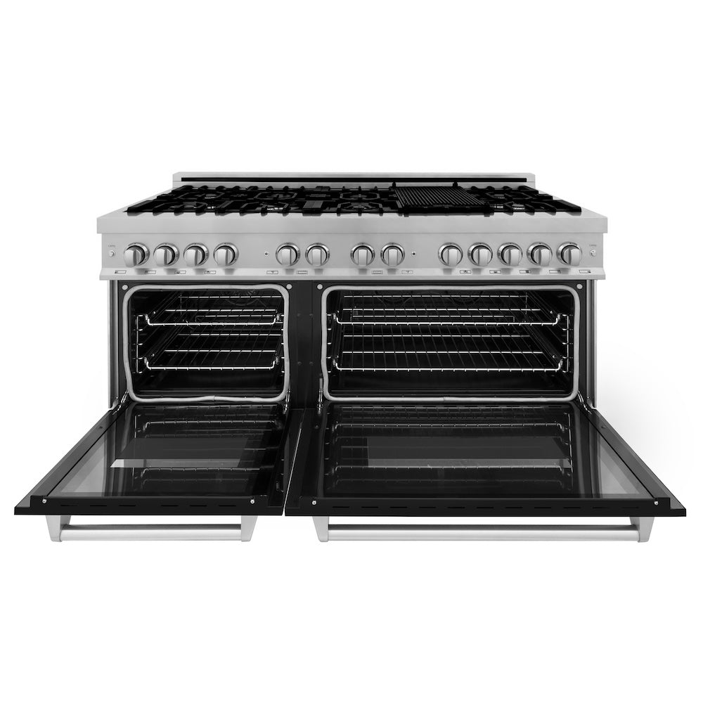 ZLINE 60 in. 7.4 cu. ft. Legacy Dual Fuel Range with 9 Burner Gas Cooktop and 2 Electric Convection Ovens in Satin Stainless Steel and Black Matte Doors (RAS-BLM-60) front, oven open.