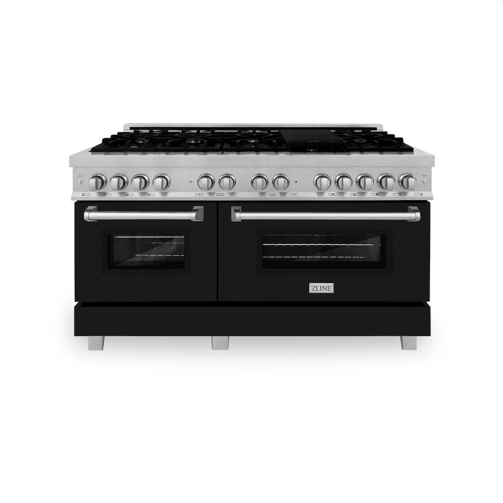 ZLINE 60 in. 7.4 cu. ft. Legacy Dual Fuel Range with 9 Burner Gas Cooktop and 2 Electric Convection Ovens in Satin Stainless Steel and Black Matte Doors (RAS-BLM-60) front.