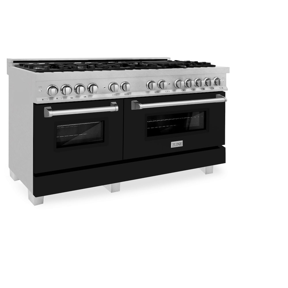 ZLINE 60 in. 7.4 cu. ft. Legacy Dual Fuel Range with 9 Burner Gas Cooktop and 2 Electric Convection Ovens in Satin Stainless Steel and Black Matte Doors (RAS-BLM-60) side.