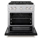 ZLINE 30 in. 4.2 cu. ft. Paramount Dual Fuel Range with 4 Burner Gas Cooktop and Electric Convection Oven in Satin Stainless Steel with Black Matte Door (SDRS-BLM-30) front, oven open.