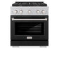 ZLINE 30 in. 4.2 cu. ft. Paramount Dual Fuel Range with 4 Burner Gas Cooktop and Electric Convection Oven in Satin Stainless Steel with Black Matte Door (SDRS-BLM-30) front.