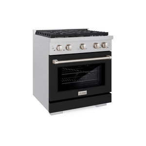 ZLINE 30 in. 4.2 cu. ft. Paramount Dual Fuel Range with 4 Burner Gas Cooktop and Electric Convection Oven in Satin Stainless Steel with Black Matte Door (SDRS-BLM-30) main image.