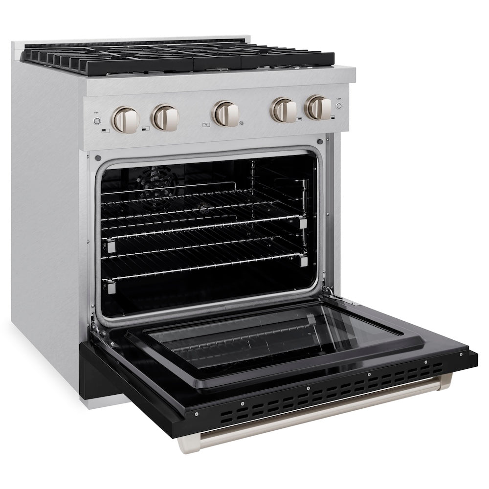 ZLINE 30 in. 4.2 cu. ft. Paramount Dual Fuel Range with 4 Burner Gas Cooktop and Electric Convection Oven in Satin Stainless Steel with Black Matte Door (SDRS-BLM-30) side, open.