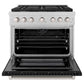 ZLINE 36 in. 5.2 cu. ft. Paramount Dual Fuel Range with 6 Burner Gas Cooktop and Electric Convection Oven in Satin Stainless Steel with Black Matte Door (SDRS-BLM-36) front, oven open.
