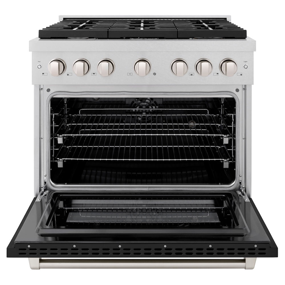 ZLINE 36 in. 5.2 cu. ft. Paramount Dual Fuel Range with 6 Burner Gas Cooktop and Electric Convection Oven in Satin Stainless Steel with Black Matte Door (SDRS-BLM-36) front, oven open.