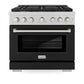 ZLINE 36 in. 5.2 cu. ft. Paramount Dual Fuel Range with 6 Burner Gas Cooktop and Electric Convection Oven in Satin Stainless Steel with Black Matte Door (SDRS-BLM-36) front.