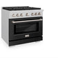 ZLINE 36 in. 5.2 cu. ft. Paramount Dual Fuel Range with 6 Burner Gas Cooktop and Electric Convection Oven in Satin Stainless Steel with Black Matte Door (SDRS-BLM-36) side.