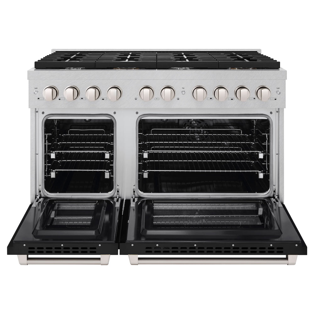 ZLINE 48 in. 6.7 cu. ft. Paramount Double Oven Dual Fuel Range with 8 Burner Gas Cooktop in Satin Stainless Steel with Black Matte Doors (SDRS-BLM-48) front, oven open.