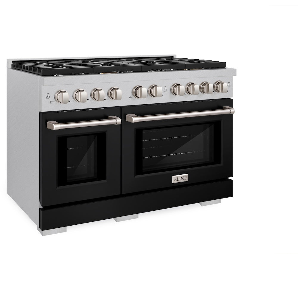 ZLINE 48 in. 6.7 cu. ft. Paramount Double Oven Dual Fuel Range with 8 Burner Gas Cooktop in Satin Stainless Steel with Black Matte Doors (SDRS-BLM-48) side.