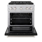 ZLINE 30 in. 4.2 cu. ft. Paramount Gas Range with 4 Burner Cooktop and Convection Gas Oven in Satin Stainless Steel with Black Matte Door (SGRS-BLM-30) front, oven open.