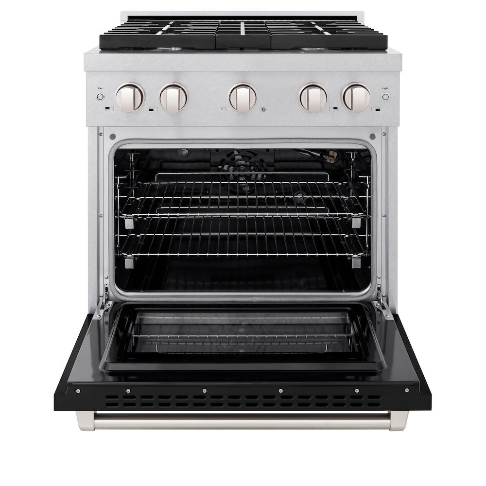 ZLINE 30 in. 4.2 cu. ft. Paramount Gas Range with 4 Burner Cooktop and Convection Gas Oven in Satin Stainless Steel with Black Matte Door (SGRS-BLM-30) front, oven open.