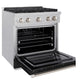 ZLINE 30 in. 4.2 cu. ft. Paramount Gas Range with 4 Burner Cooktop and Convection Gas Oven in Satin Stainless Steel with Black Matte Door (SGRS-BLM-30) side, open.