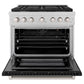 ZLINE 36 in. 5.2 cu. ft. Paramount Gas Range with 6 Burner Cooktop and Convection Gas Oven in Satin Stainless Steel with Black Matte Door (SGRS-BLM-36) front, oven open.
